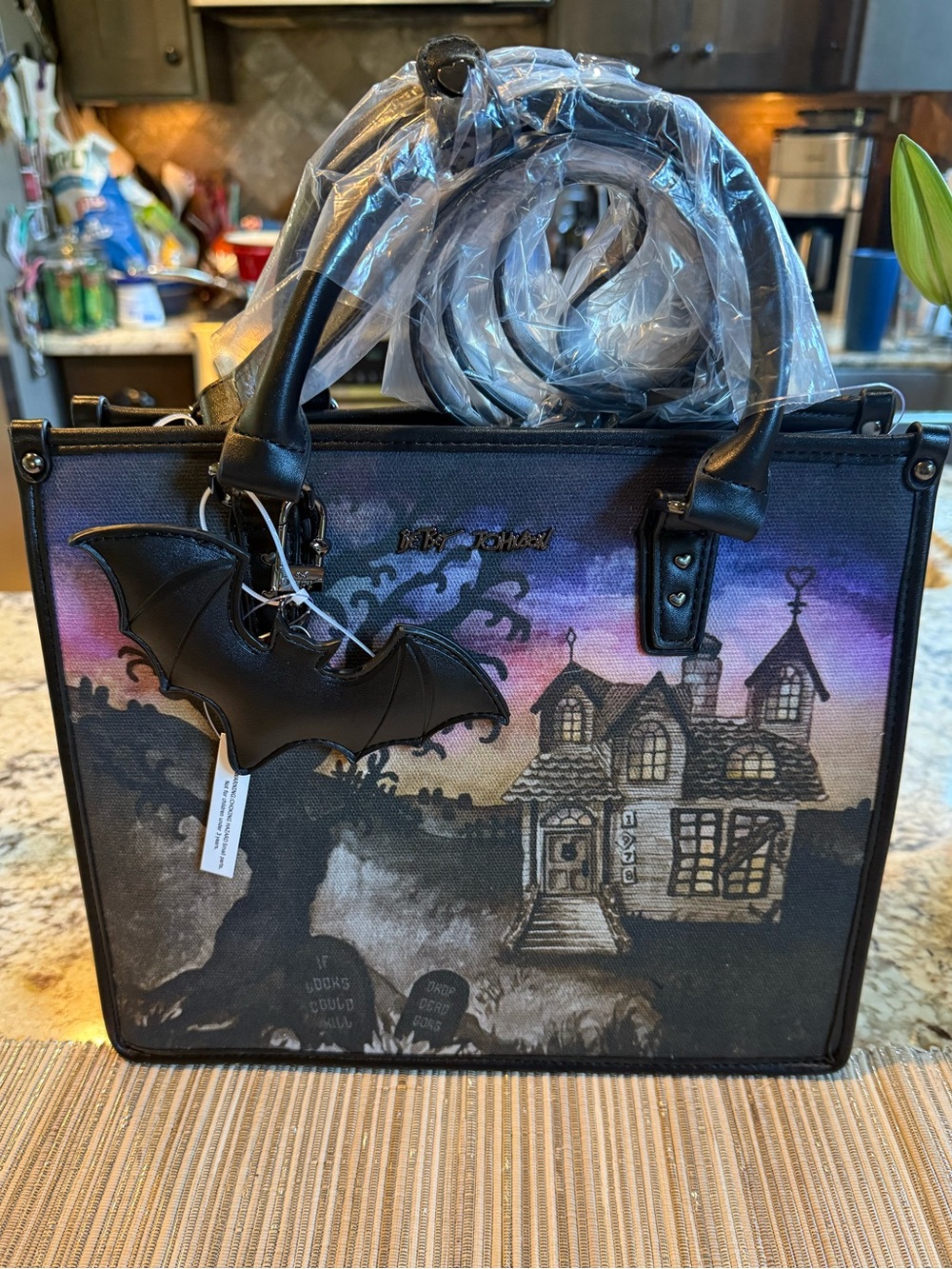 NEW BETSEY JOHNSON Halloween Haunted House Satchel Crossbody With Bat Charm 🦇